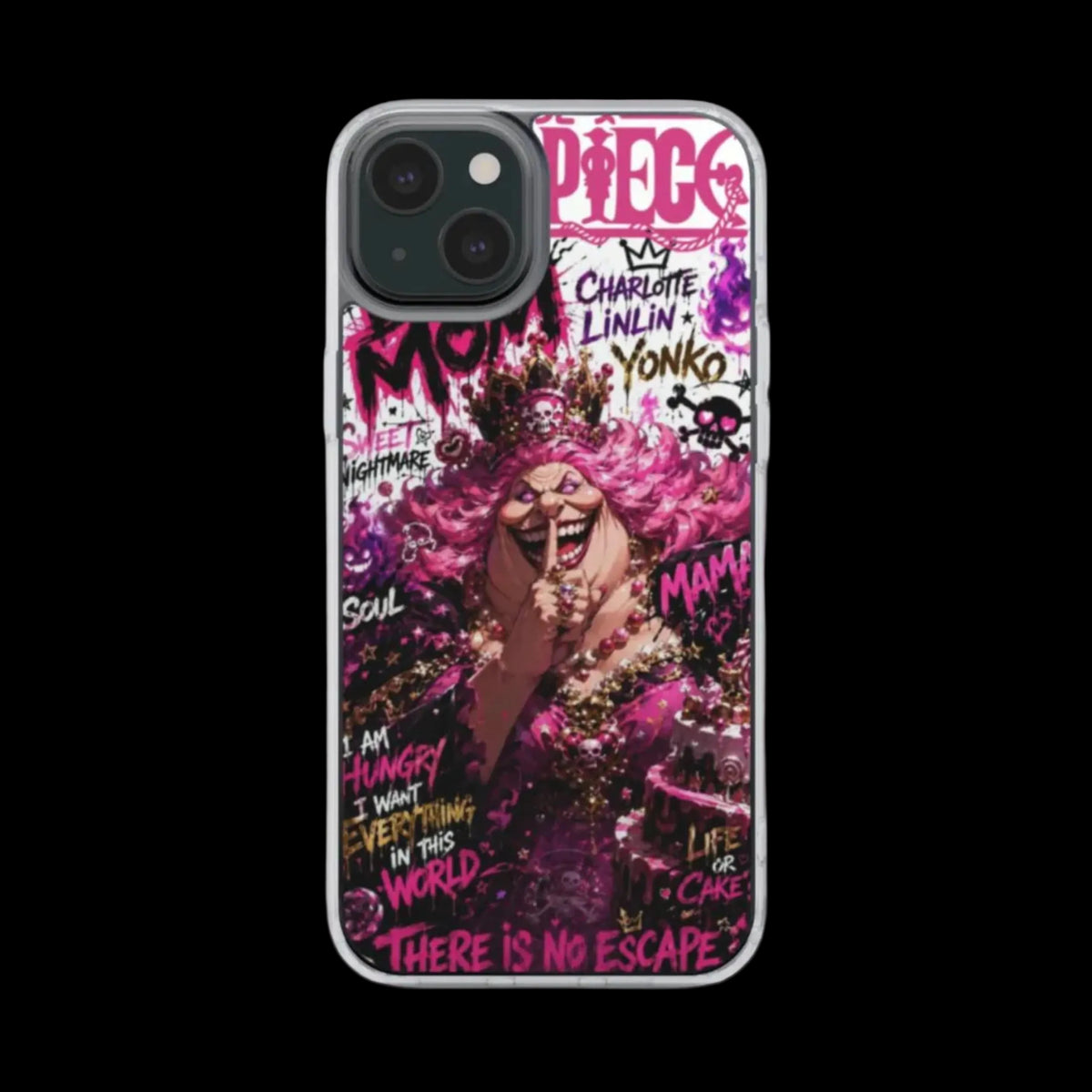 A clear iPhone case featuring a vibrant, detailed graphic print of Charlotte Linlin from the anime Piece Kakegurui, with pink hair, a crown, and bold text elements, shown on a white background.