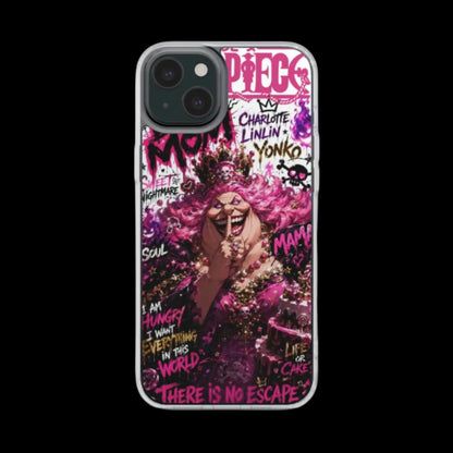 A clear iPhone case featuring a vibrant, detailed graphic print of Charlotte Linlin from the anime Piece Kakegurui, with pink hair, a crown, and bold text elements, shown on a white background.